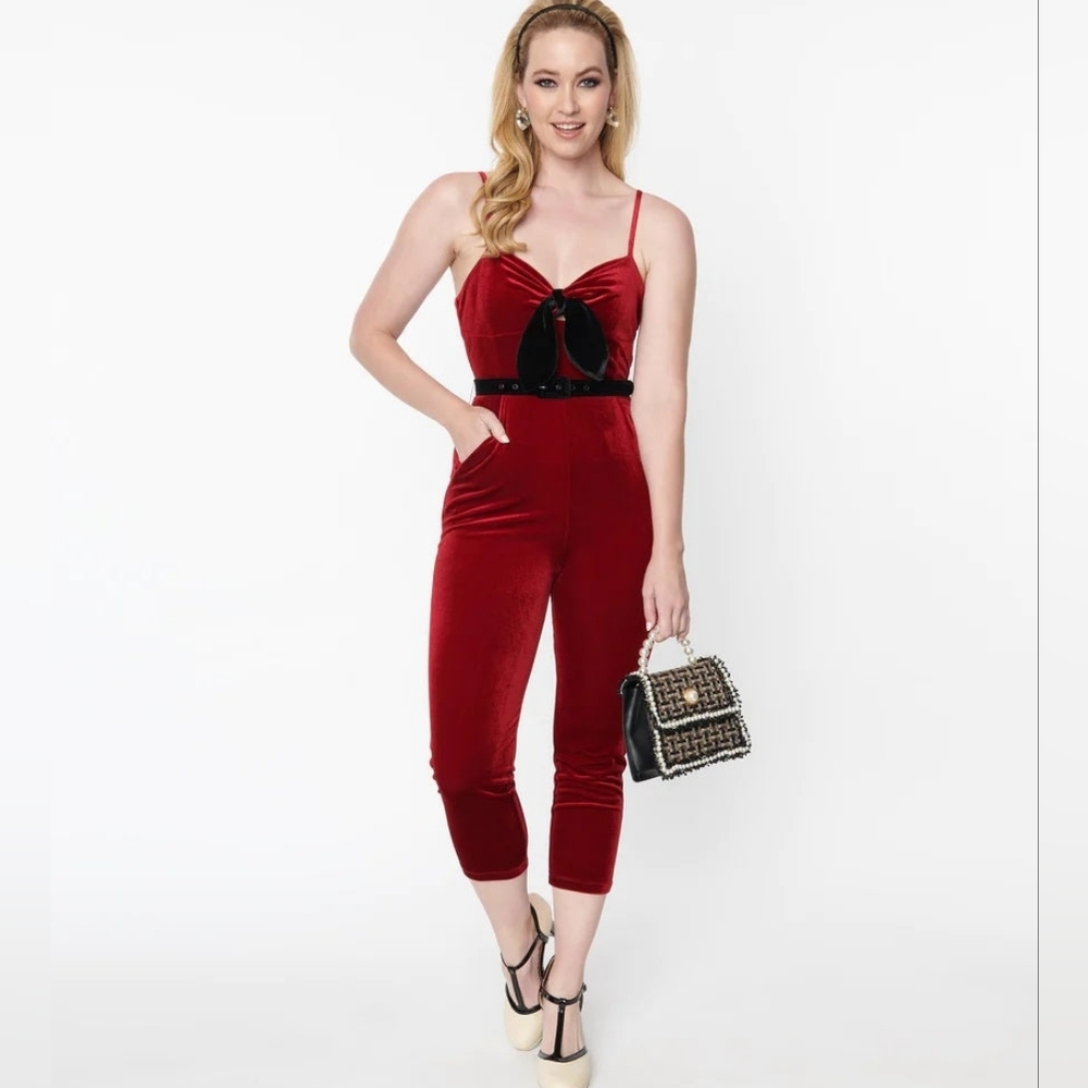 Unique Vintage Red Velvet Spaghetti-Strap Jumpsuit - Missing Black Belt SZ 1X/16